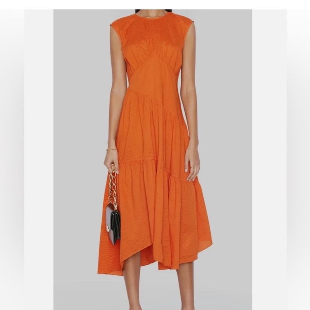 FRAME Asymmetric gathered cotton-seersucker midi dress